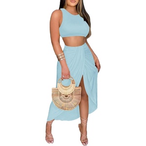 image:imageLYANER Womens 2 Piece Outfits Sleeveless Tank Crop Top and Wrap Split Slit Ruched Bodycon Midi SkirtLight Blue