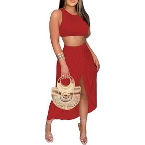 image:imageLYANER Womens 2 Piece Outfits Sleeveless Tank Crop Top and Wrap Split Slit Ruched Bodycon Midi SkirtRed