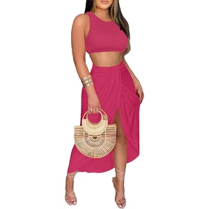 image:imageLYANER Womens 2 Piece Outfits Sleeveless Tank Crop Top and Wrap Split Slit Ruched Bodycon Midi SkirtRose