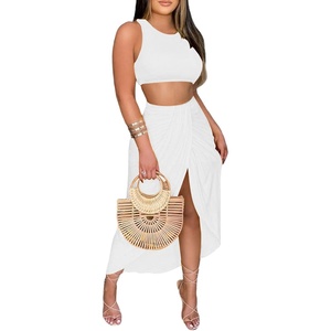 image:imageLYANER Womens 2 Piece Outfits Sleeveless Tank Crop Top and Wrap Split Slit Ruched Bodycon Midi SkirtSoild White