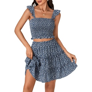 image:imageLYANER Womens 2 Piece Outfits Summer Flora Print Smocked Cami Crop Top and Mini Skirt Set for VacationBlue Floral