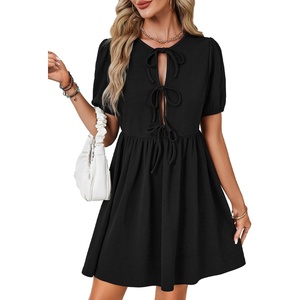 image:imageLYANER Womens Bow Tie Front Babydoll A Line Puff Short Sleeve Loose Cute Mini Short DressBlack