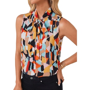 image:imageLYANER Womens Bow Tie Mock Neck Blouse Sleeveless Business Casual Tank Shirt Dressy Work TopsColorful Spliced Print