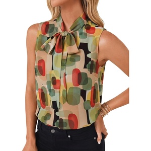 image:imageLYANER Womens Bow Tie Mock Neck Blouse Sleeveless Business Casual Tank Shirt Dressy Work TopsKhaki Green Geo