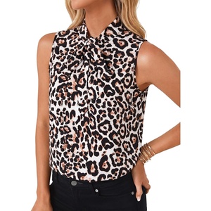 image:imageLYANER Womens Bow Tie Mock Neck Blouse Sleeveless Business Casual Tank Shirt Dressy Work TopsLeopard