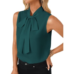 image:imageLYANER Womens Bow Tie Mock Neck Blouse Sleeveless Business Casual Tank Shirt Dressy Work TopsSolid Teal Blue