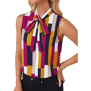 image:imageLYANER Womens Bow Tie Mock Neck Blouse Sleeveless Business Casual Tank Shirt Dressy Work TopsSquare Color Blocks