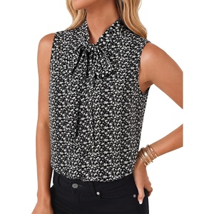 image:imageLYANER Womens Bow Tie Mock Neck Blouse Sleeveless Business Casual Tank Shirt Dressy Work TopsWhite Floral