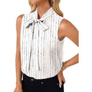 image:imageLYANER Womens Bow Tie Mock Neck Blouse Sleeveless Business Casual Tank Shirt Dressy Work TopsWhite Stripe Print