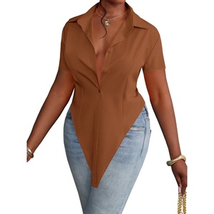 image:imageLYANER Womens Button Down Collar V Neck Open Front Short Sleeve Slit Hem Long Shirt Blouse TopsBrown