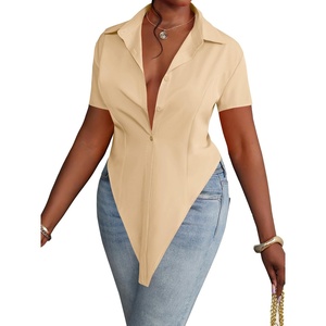 image:imageLYANER Womens Button Down Collar V Neck Open Front Short Sleeve Slit Hem Long Shirt Blouse TopsCreamy Apricot