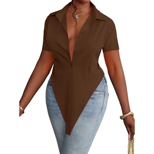 image:imageLYANER Womens Button Down Collar V Neck Open Front Short Sleeve Slit Hem Long Shirt Blouse TopsDark Brown