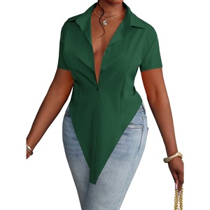 image:imageLYANER Womens Button Down Collar V Neck Open Front Short Sleeve Slit Hem Long Shirt Blouse TopsDark Green