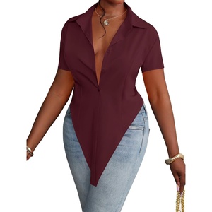 image:imageLYANER Womens Button Down Collar V Neck Open Front Short Sleeve Slit Hem Long Shirt Blouse TopsDark Red
