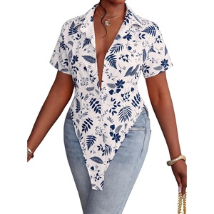 image:imageLYANER Womens Button Down Collar V Neck Open Front Short Sleeve Slit Hem Long Shirt Blouse TopsFloral White