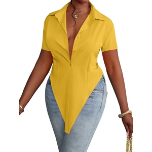 image:imageLYANER Womens Button Down Collar V Neck Open Front Short Sleeve Slit Hem Long Shirt Blouse TopsGinger
