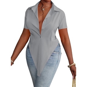 image:imageLYANER Womens Button Down Collar V Neck Open Front Short Sleeve Slit Hem Long Shirt Blouse TopsGray