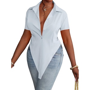 image:imageLYANER Womens Button Down Collar V Neck Open Front Short Sleeve Slit Hem Long Shirt Blouse TopsLight Blue01