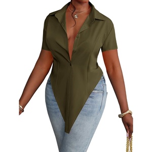 image:imageLYANER Womens Button Down Collar V Neck Open Front Short Sleeve Slit Hem Long Shirt Blouse TopsOlive Green