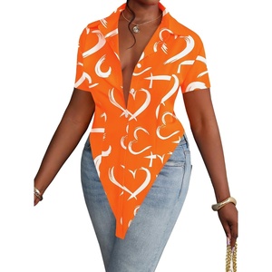 image:imageLYANER Womens Button Down Collar V Neck Open Front Short Sleeve Slit Hem Long Shirt Blouse TopsOrange With White