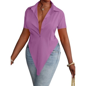 image:imageLYANER Womens Button Down Collar V Neck Open Front Short Sleeve Slit Hem Long Shirt Blouse TopsPurple