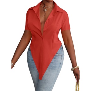 image:imageLYANER Womens Button Down Collar V Neck Open Front Short Sleeve Slit Hem Long Shirt Blouse TopsRed