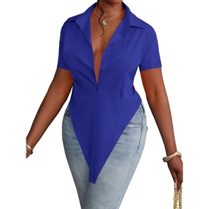 image:imageLYANER Womens Button Down Collar V Neck Open Front Short Sleeve Slit Hem Long Shirt Blouse TopsRoyal Blue