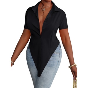 image:imageLYANER Womens Button Down Collar V Neck Open Front Short Sleeve Slit Hem Long Shirt Blouse TopsSolid Black