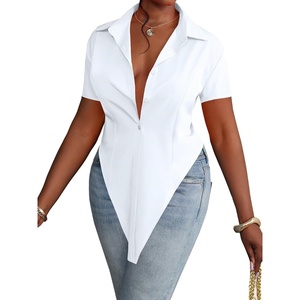 image:imageLYANER Womens Button Down Collar V Neck Open Front Short Sleeve Slit Hem Long Shirt Blouse TopsSolid White