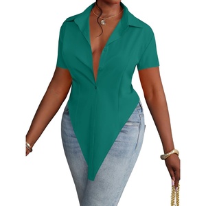 image:imageLYANER Womens Button Down Collar V Neck Open Front Short Sleeve Slit Hem Long Shirt Blouse TopsTeal Blue