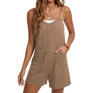 image:imageLYANER Womens Casual Summer Sleeveless Romper Loose Adjustable Spaghetti Strap Button Front Stretchy Shorts JumpsuitsBrown