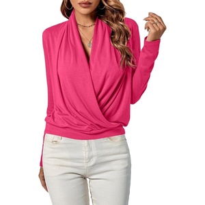 image:imageLYANER Womens Casual V Neck Cross Wrap Long Sleeve Solid Blouse Shirt TopRose Red