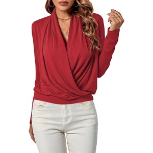 image:imageLYANER Womens Casual V Neck Cross Wrap Long Sleeve Solid Blouse Shirt TopWine Red