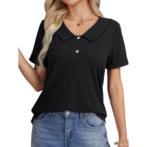 image:imageLYANER Womens Cotton Polo V Neck Roll Up Short Sleeve Button Down Polo Shirt Blouse TopsBlack