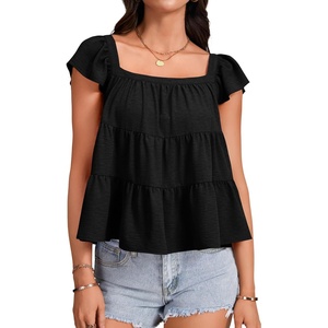 image:imageLYANER Womens Cute Summer Tops Square Neck Flowy Pleated Blouse Ruffle Cap Sleeve Casual Shirt Fashion TeeBlack