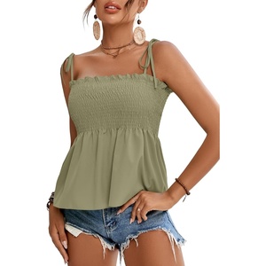 image:imageLYANER Womens Cute Summer Tops Tie Shoulder Shirred Ruffle Hem Sleeveless Sexy Cami Blouse Peplum TopBean Green