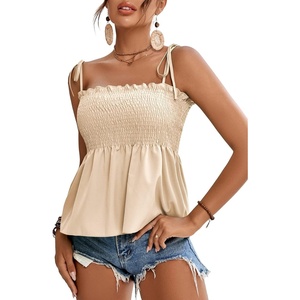 image:imageLYANER Womens Cute Summer Tops Tie Shoulder Shirred Ruffle Hem Sleeveless Sexy Cami Blouse Peplum TopBeige