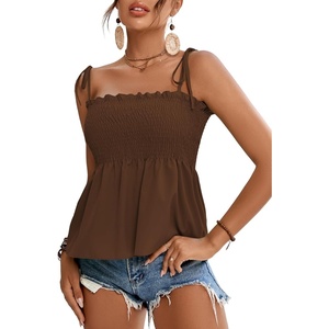 image:imageLYANER Womens Cute Summer Tops Tie Shoulder Shirred Ruffle Hem Sleeveless Sexy Cami Blouse Peplum TopLight Brown