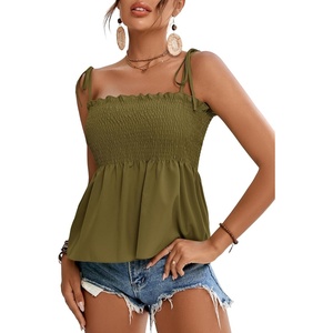 image:imageLYANER Womens Cute Summer Tops Tie Shoulder Shirred Ruffle Hem Sleeveless Sexy Cami Blouse Peplum TopOlive Green