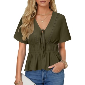 image:imageLYANER Womens Deep V Neck Tie Knot Ruffle Ruched Short Sleeve Sexy Blouse TopArmy Green
