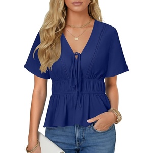 image:imageLYANER Womens Deep V Neck Tie Knot Ruffle Ruched Short Sleeve Sexy Blouse TopRoyal Blue