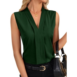 image:imageLYANER Womens Dressy Tank Tops V Neck Pleated Sleeveless Work Shirt Business Casual BlouseDark Green