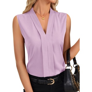 image:imageLYANER Womens Dressy Tank Tops V Neck Pleated Sleeveless Work Shirt Business Casual BlouseLight Purple