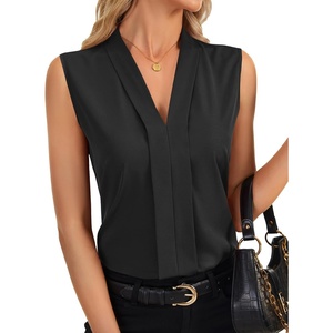 image:imageLYANER Womens Dressy Tank Tops V Neck Pleated Sleeveless Work Shirt Business Casual BlouseSolid Black