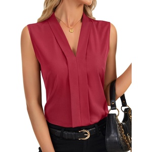 image:imageLYANER Womens Dressy Tank Tops V Neck Pleated Sleeveless Work Shirt Business Casual BlouseSolid Burgundy