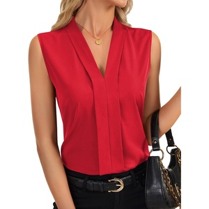 image:imageLYANER Womens Dressy Tank Tops V Neck Pleated Sleeveless Work Shirt Business Casual BlouseSolid Solid Red