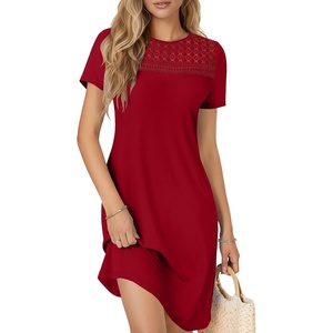 image:imageLYANER Womens Eyelet Lace Round Neck Short Sleeve A Line Casual Shift Midi Dress with PocketsBurgundy