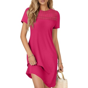 image:imageLYANER Womens Eyelet Lace Round Neck Short Sleeve A Line Casual Shift Midi Dress with PocketsDark Rose Red
