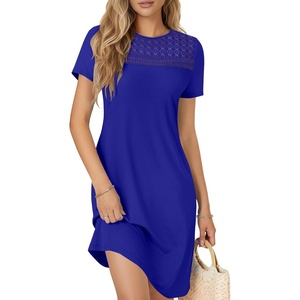 image:imageLYANER Womens Eyelet Lace Round Neck Short Sleeve A Line Casual Shift Midi Dress with PocketsRoyal Blue