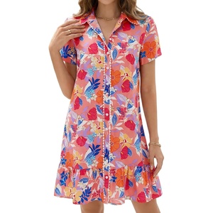 image:imageLYANER Womens Floral Collared V Neck Button Down Short Sleeve Sundress Beach Mini Dress with PocketsCoral Pink